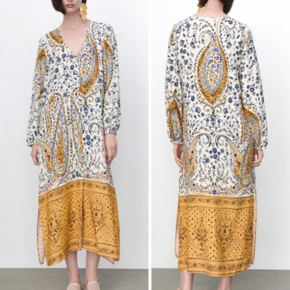 Zara Boho Paisley V-Neck Long Sleeve Maxi Dress — White & Mustard